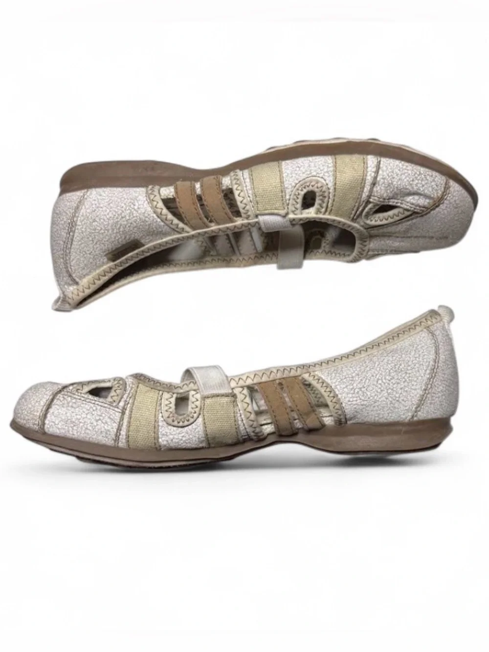 Y2K Mudd Mary Jane Ballet Flats Cream Brown Crackle Elastic Slip On Shoe Girl 3M